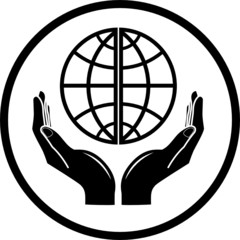 Vector globe in hands icon. Black and white. Simply change.