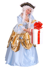Woman in ancient dress with gift box decoration red bow.