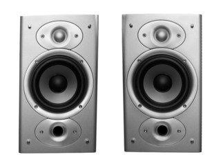 pair of stereo speakers isolated on white background - obrazy, fototapety, plakaty