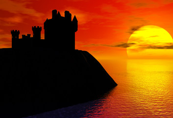 Obraz premium castle silhouette with sunset behind