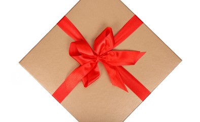 golden big box with red ribbon with bow