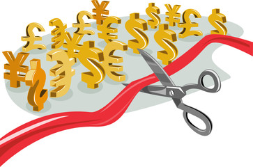 Cutting ribbon with foreign currency
