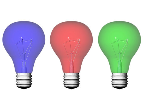 three colored light bulbs isolated on white