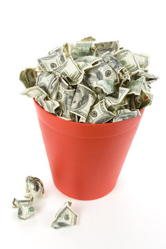 Dollars in Red Garbage Can