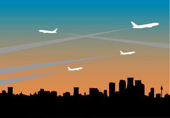 City skyline with jets