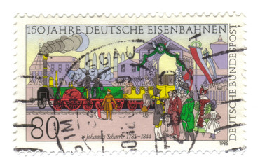 Old canceled german stamp with train
