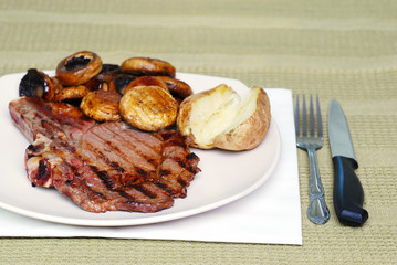 Rib steak with mushrooms and baked potato