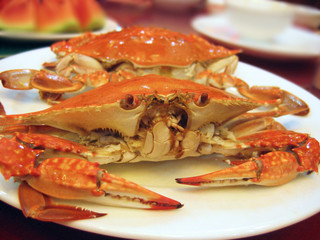 Crabs on the plate, delicious food, close up view