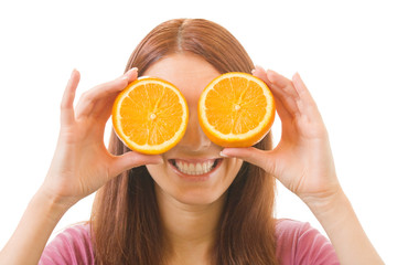 Portrait of happy young woman with orange, isolated