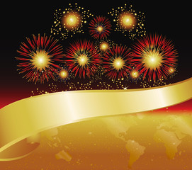 Gold Banner Fireworks Earth Reflection
