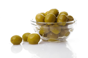 Green olives in glass bowl