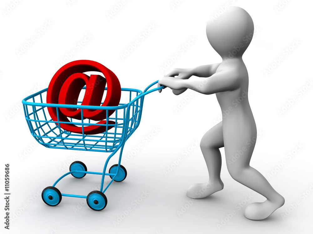 Poster man with consumer basket and sign for internet