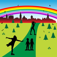 Children and teenagers on rollerblades