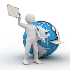 3d person, globe and letter