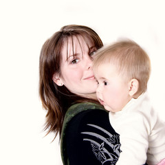 mother and baby over white