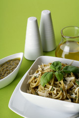 Italian pasta with pesto sause, parmesan and olive oil.