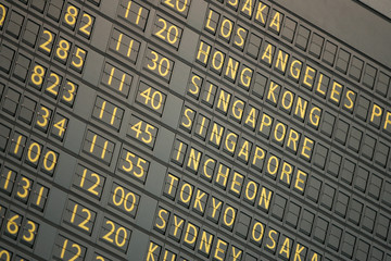 The ticker board sign announcing arrivals and departures.