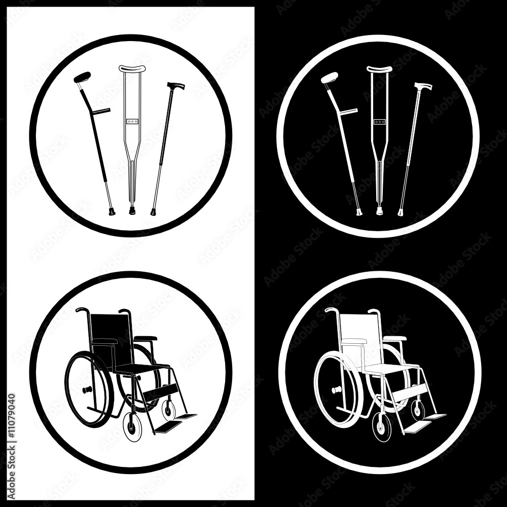 Sticker vector crutches and invalid chair icons. black and white.