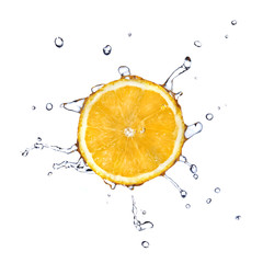 Fototapeta na wymiar fresh water drops on orange isolated on white