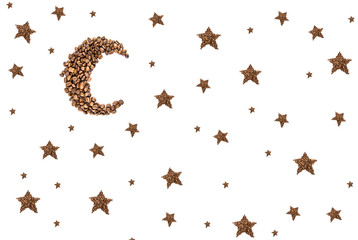 Moon and stars  from coffee beans isolated on white