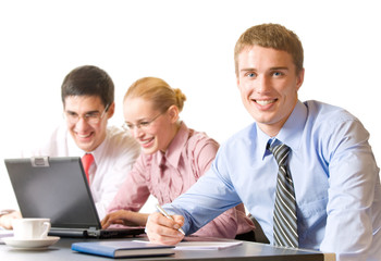 Fototapeta premium Happy successful businessteam working at office, isolated