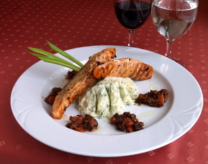 Dish of Italian cuisine -   grilled salmon with mashed potatoes