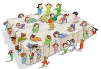 Naklejka premium Lots of children on a huge bed