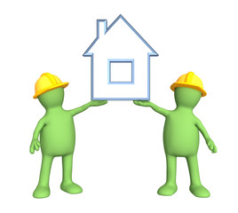 Two builders, holding in hands the stylized house