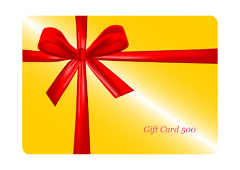 Golden gift card with red ribbon. vector