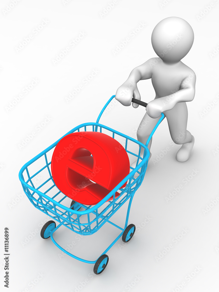 Poster man with consumer basket and sign for internet