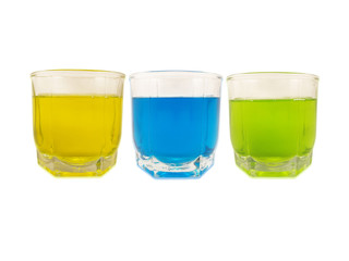 three glasses of colorful liquid