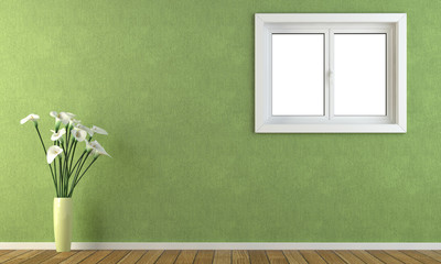 pared verde con ventana y calas en un jarrón