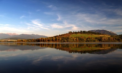 Reflection of mountains in deep lake