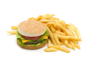 Tasty hamburger with potatoes fries on white background..