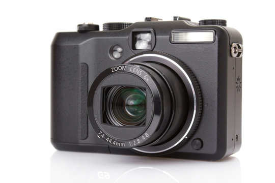 black digital compact camera isolated on white