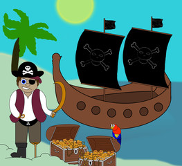 Piraten-Karikatur mit Schiff &amp  Schatz - isoliert auf weiß
