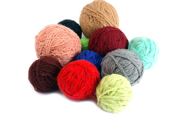 Varicolored ball of the woolly threads for knitting.