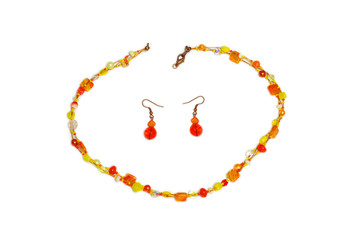 A necklace and earrings of glass beads, industrial arts