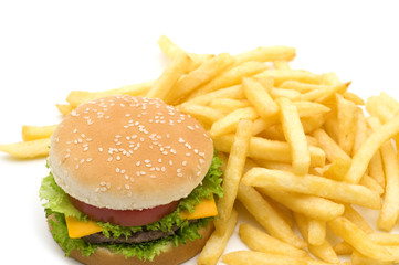 Tasty hamburger with potatoes fries on white background.
