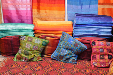 Colorful fabrics for sale in Fes, Morocco