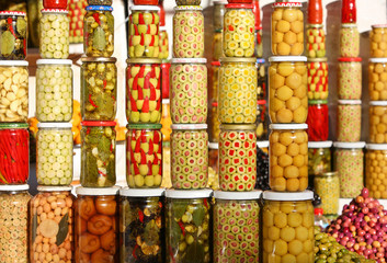 Vegetable market in Morocco: pickled olives and vegetables