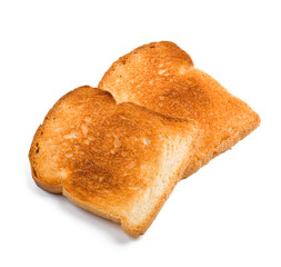 two crispy white bread toasts isolated on white background