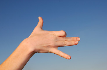 hand making dog figure over blue sky