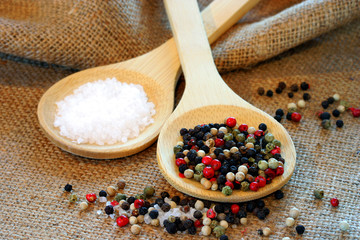 Sea Salt and Mixed Peppercorns macro on wooden spoons.