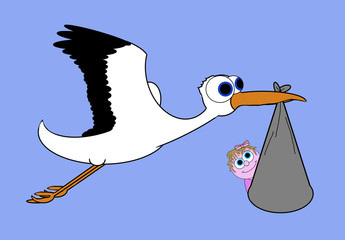Stork Bringing New Life - Isolated On Blue