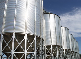 Steel granary against a blue sky