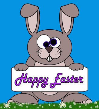 Bunny Cartoon With Signboard "Happy Easter" Message