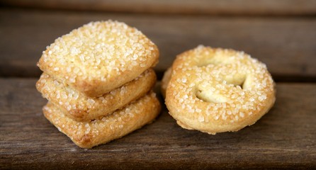 Butter cookies, holland biscuits over wood