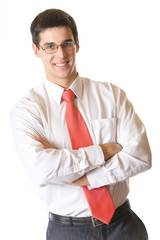 Young successful happy smiling businessman, isolated