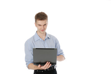 One smiling man with a laptop